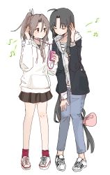 Rule 34 | 2girls, absurdres, alternate costume, black hair, blush, bow, brown eyes, brown hair, closed eyes, closed mouth, denim, digital media player, earphones, full body, hair bow, hair ribbon, high ponytail, highres, hinata hibari, hood, hoodie, jacket, jeans, kantai collection, listening to music, long hair, long sleeves, looking at another, low-tied long hair, multiple girls, music, musical note, pants, pleated skirt, ponytail, red legwear, ribbon, shirt, shoes, shouhou (kancolle), simple background, skirt, smile, sneakers, standing, very long hair, white background, zuihou (kancolle)