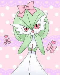 Rule 34 | 1girl, absurdres, artist name, blush, bob cut, bow, colored skin, cowboy shot, creatures (company), female focus, flat chest, game freak, gardevoir, gen 3 pokemon, green hair, green skin, hair between eyes, hair bow, hand to own mouth, hands up, happy, heart, highres, light blush, looking at viewer, meru (mer milky77), multicolored skin, nintendo, open mouth, outline, pink background, pink bow, pokemon, pokemon (creature), red eyes, short hair, signature, smile, solo, standing, straight-on, twitter username, two-tone skin, white outline, white skin