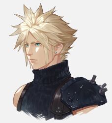 Rule 34 | 1boy, armor, blonde hair, blue eyes, closed mouth, cloud strife, cropped torso, earrings, final fantasy, final fantasy vii, final fantasy vii rebirth, final fantasy vii remake, grey background, hashtag-only commentary, highres, jewelry, lips, male focus, portrait, ribbed sweater, rinbukyoku, short hair, shoulder armor, simple background, single bare shoulder, sleeveless, sleeveless turtleneck, solo, spiked hair, stud earrings, suspenders, sweater, turtleneck, turtleneck sweater, upper body