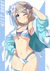 Rule 34 | 1girl, absurdres, bikini, birthday, blue eyes, breasts, bunji, cleavage, collarbone, commentary, dated, fingerless gloves, gloves, grey hair, highres, jacket, layered bikini, looking at viewer, love live!, love live! sunshine!!, medium breasts, one eye closed, salute, shiny skin, short hair, sidelocks, single glove, solo, swimsuit, tongue, tongue out, watanabe you