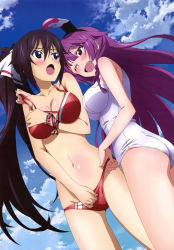 Rule 34 | 10s, 2girls, ;d, absurdres, animal ears, ass, bikini, bikini pull, blush, breasts, cleavage, clothes pull, cloud, covering breasts, covering privates, day, dutch angle, fake animal ears, from below, hair between eyes, highres, infinite stratos, kurashima tomoyasu, large breasts, long hair, medium breasts, multiple girls, navel, nyantype, official art, one-piece swimsuit, one eye closed, open mouth, outdoors, ponytail, pulling another&#039;s clothes, purple eyes, purple hair, rabbit ears, red bikini, scan, school swimsuit, shinonono houki, shinonono tabane, siblings, sisters, sky, smile, swimsuit, very long hair, white one-piece swimsuit, white school swimsuit, wristband