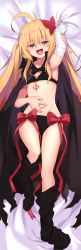 Rule 34 | 1girl, absurdres, ahoge, arm up, armpits, bandaged arm, bandages, bed sheet, black bra, black cape, black panties, black thighhighs, bow, bra, brown hair, cape, dakimakura (medium), fang, flat chest, full body, hair ornament, hand on own stomach, highres, long hair, loose thighhigh, lying, mahcdai, navel, on back, open mouth, original, panties, purple eyes, ribbon, sheet grab, smile, solo, spread navel, thighhighs, two side up, underwear, underwear only