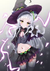 Rule 34 | 1girl, absurdres, black gloves, black hat, black shirt, black skirt, blunt bangs, blush, breasts, capelet, cleavage, cropped shirt, gloves, grey hair, hair bun, hat, highres, hololive, long hair, long sleeves, looking at viewer, lowleg, lowleg skirt, midriff, miniskirt, murasaki shion, murasaki shion (1st costume), navel, pointing, pointing at viewer, purple capelet, sanui510, shirt, sidelocks, single hair bun, skirt, small breasts, smile, solo, striped clothes, striped shirt, striped thighhighs, thighhighs, tilted headwear, vertical-striped clothes, vertical-striped shirt, vertical-striped thighhighs, virtual youtuber, witch hat, yellow eyes