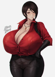 Rule 34 | 1girl, ada wong, alternate breast size, artist name, black gloves, black hair, black pants, blush, breasts, brown hair, cleavage, collarbone, cowboy shot, cross, cross necklace, curvy, gigantic breasts, gloves, hand on own hip, highres, jacket, jewelry, looking at viewer, necklace, pants, parted lips, red jacket, resident evil, resident evil 6, shiny clothes, shiny skin, short hair, signature, solo, standing, thick thighs, thighs, wide hips, yellow eyes, zer0.zer0