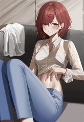 Rule 34 | 1girl, absurdres, blush, bra visible through clothes, breasts, brown hair, collared shirt, denim, feet out of frame, hand on own stomach, highres, higuchi madoka, idolmaster, idolmaster shiny colors, indoors, jeans, knees up, leaning back, leavv, long sleeves, looking at viewer, medium breasts, midriff, mole, mole under eye, navel, pants, parted lips, see-through, see-through shirt, shirt, short hair, sitting, solo, stomach, thighs, wet, white shirt