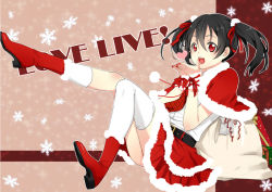 Rule 34 | 10s, 1girl, belt, black hair, blush, boots, capelet, gift, love live!, love live! school idol project, milk w1022, open mouth, red eyes, sack, santa costume, short hair, skirt, smile, solo, thighhighs, twintails, white thighhighs, yazawa nico