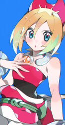Rule 34 | 1girl, :o, blonde hair, blue background, blush, bracelet, commentary request, creatures (company), game freak, hair between eyes, hairband, hand up, highres, irida (pokemon), jewelry, kawasaki (kwsk 8765), looking at viewer, medium hair, neck ring, nintendo, open mouth, pink hairband, pokemon, pokemon legends: arceus, sash, shirt, shorts, simple background, solo, spread fingers, strapless, strapless shirt, white shorts