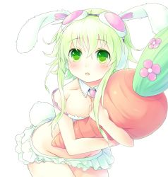 Rule 34 | 1girl, animal ears, bad id, bad pixiv id, bare shoulders, breasts, brooch, rabbit ears, rabbit tail, carrot, cleavage, cowboy shot, detached collar, earmuffs, fake animal ears, goggles, goggles on head, green eyes, green hair, groin, gumi, highres, hug, jewelry, leaning forward, matching hair/eyes, midriff, miniskirt, no panties, off shoulder, open mouth, sakakidani, short hair, short hair with long locks, sidelocks, skirt, solo, strap slip, stuffed toy, tail, vocaloid, white background, white skirt