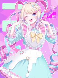 Rule 34 | 1girl, absurdres, apron, blonde hair, blue bow, blue dress, blue eyes, blue hair, bow, chouzetsusaikawa tenshi-chan, dress, eyeshadow, hair bow, hands up, heart, highres, long hair, long sleeves, looking at viewer, maid, makeup, multicolored hair, nail polish, needy girl overdose, official alternate costume, one eye closed, open mouth, outline, pink bow, pink eyeshadow, pink hair, pochimaru (marumaru wanwan), puffy sleeves, purple hair, simple background, smile, solo, standing, sweets paradise, twintails, white apron, white bow, white outline, yellow bow, yellow nails
