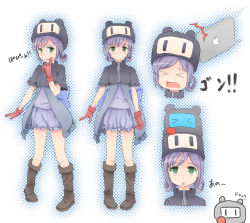 Rule 34 | &gt; &lt;, 1girl, ^^^, beanie, bloomers, boots, character request, copyright request, closed eyes, finger to mouth, gloves, green eyes, hat, ipad, multiple views, open mouth, oumi (rsag), purple hair, smile, tablet pc, translation request, underwear