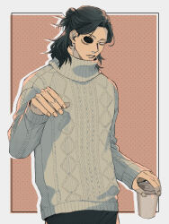 Rule 34 | 1boy, alternate costume, bags under eyes, black hair, black pants, boku no hero academia, border, coffee cup, cup, disposable cup, eraser head (boku no hero academia), eyepatch, fingernails, grey border, grey sweater, highres, holding, holding cup, long sleeves, looking at viewer, male focus, pants, parted lips, rnuyvm, scar, scar across eye, scar on face, solo, sweater