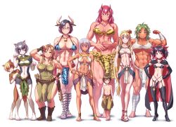 Rule 34 | 1boy, 6+girls, abs, animal ears, animal print, bandages, bell, black cape, black hair, blonde hair, blue eyes, boots, breasts, breasts apart, bulge, cape, cat ears, cat girl, closed mouth, commentary request, covered erect nipples, cow ears, cow girl, cow horns, dark-skinned female, dark skin, elf, erection, erection under clothes, fingerless gloves, full body, furry, furry female, futa with male, futanari, giant, giantess, gloves, gold, green eyes, green hair, grey hair, hand on own hip, height difference, high heels, highres, horns, jewelry, large breasts, loincloth, long hair, looking at viewer, medium hair, multiple girls, muscular, muscular female, navel, necklace, o-ring, oni, oni horns, original, paw pose, pelvic curtain, penis, pointy ears, purple eyes, red eyes, red hair, short hair, size difference, small breasts, smile, standing, tall female, thighhighs, tiger print, topless male, twintails, underboob, usekh collar, vampire, very long hair, wokada, yellow eyes