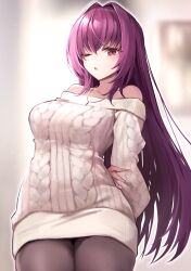 Rule 34 | 1girl, bare shoulders, breasts, fate/grand order, fate (series), hane yuki, highres, large breasts, long hair, long sleeves, looking at viewer, one eye closed, pantyhose, purple hair, red eyes, scathach (fate), solo, sweater, white sweater