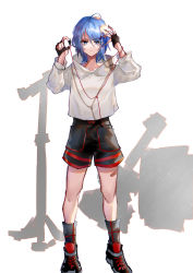 Rule 34 | 1girl, absurdres, ahoge, amplifier, bandaid, bandaid on leg, black footwear, black gloves, black shorts, blue eyes, blue hair, boots, character request, closed mouth, commentary request, dafenpipixia, earbuds, earphones, electric guitar, fingerless gloves, frown, full body, gloves, guitar, hands up, highres, hood, hoodie, instrument, long sleeves, looking at viewer, microphone stand, rare land story, short hair, shorts, simple background, solo, white background, white hoodie