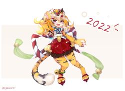 Rule 34 | 1girl, 2022, absurdres, animal ear fluff, animal ears, animal hands, arm up, artist name, bell, blonde hair, coin, digitigrade, fang, food, food on head, fruit, fruit on head, full body, furry, furry female, gold, highres, japanese clothes, jingle bell, koban (gold), long hair, new year, nyamoriri, object on head, open mouth, orange (fruit), original, pink eyes, red skirt, sandals, skirt, smile, solo, tail, tiger ears, tiger girl, tiger tail, v