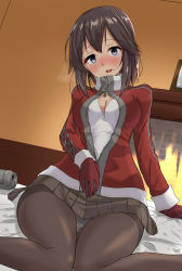 Rule 34 | 1girl, bed, beer can, black hair, black pantyhose, black skirt, breasts, can, cleavage, cleavage cutout, clothing cutout, drink can, fireplace, gloves, grey eyes, hayasui (kancolle), highres, indoors, jacket, kantai collection, looking at viewer, medium breasts, official alternate costume, open clothes, open jacket, pantyhose, pleated skirt, red gloves, red jacket, shiba (zudha), shirt, short hair, sitting, skirt, solo, wariza, white shirt