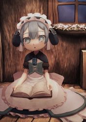 Rule 34 | 1boy, apron, blue hair, book, dress, frilled apron, frills, highres, indoors, kunitarou-art, looking at viewer, made in abyss, maid, maid apron, maid headdress, male focus, maruruk, open book, parted lips, short hair, short sleeves, sitting, solo, trap, whistle, window