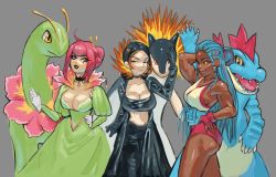 Rule 34 | 3girls, annie lyce, black hair, breasts, claws, cleavage, commentary request, creatures (company), dark-skinned female, dark skin, dress, feraligatr, fire, game freak, gen 2 pokemon, grey background, highres, jacket, leotard, long hair, meganium, midriff, multicolored hair, multiple girls, nintendo, open mouth, original, pokemon, pokemon (creature), ress, sharp teeth, smile, teeth, two-tone hair, typhlosion