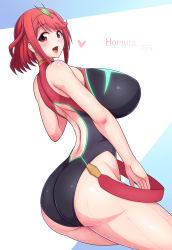 Rule 34 | 1girl, ass, bare shoulders, blush, breasts, circlet, competition swimsuit, highres, huge ass, huge breasts, looking at viewer, one-piece swimsuit, open mouth, ponponmaru, pyra (xenoblade), red eyes, red hair, shiny clothes, shiny skin, short hair, sideboob, smile, solo, swimsuit, wet, wet clothes, wet hair, xenoblade chronicles (series), xenoblade chronicles 2