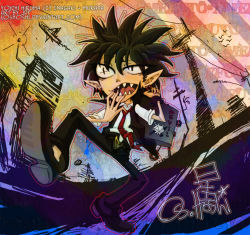Rule 34 | 00s, 1boy, aircraft, airplane, alternate hairstyle, black hair, city, earrings, eyeshield 21, fangs, hiruma youichi, jewelry, male focus, messy hair, necktie, oshoshi, pointy ears, school uniform, solo, spiked hair, suitcase, walking, yawning