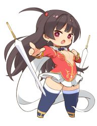 Rule 34 | 1girl, center opening, character request, chibi, cleavage cutout, clothing cutout, full body, long hair, looking at viewer, mota, open mouth, side ponytail, simple background, skirt, solo, sword, thighhighs, weapon, white background
