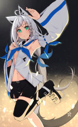 Rule 34 | 1girl, :o, ahoge, animal ear fluff, animal ears, arm up, armpits, black footwear, black shorts, black thighhighs, blue bow, blue neckerchief, blush, bow, braid, breasts, commentary request, detached sleeves, earrings, extra ears, fox ears, fox girl, fox tail, green eyes, hair between eyes, hair bow, highres, hololive, hood, hoodie, jewelry, leg up, light particles, long hair, looking at viewer, midriff, navel, neckerchief, nemurimangetsu, pentagram, shirakami fubuki, shirakami fubuki (1st costume), short shorts, shorts, sidelocks, single braid, single thighhigh, small breasts, solo, tail, thighhighs, virtual youtuber, white hair, white hoodie