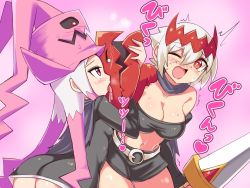 Rule 34 | 2girls, ass, belt, blush, breasts, cleavage, cougar (cougar1404), dragon: marked for death, empress (dmfd), hat, heart, licking, long hair, medium breasts, midriff, multiple girls, navel, open mouth, pink eyes, red eyes, saliva, scar, small breasts, sweat, sword, tongue, tongue out, very long hair, weapon, witch (dmfd), yuri