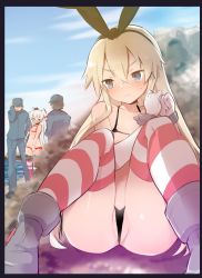 Rule 34 | 2boys, 2girls, amatsukaze (kancolle), arm behind head, bad id, bad twitter id, bikini, black bikini, blonde hair, blue eyes, blush, caburi, commentary request, faceless, faceless male, from behind, hair ribbon, highres, kantai collection, knees together feet apart, long hair, micro bikini, multiple boys, multiple girls, nose blush, partially visible vulva, red bikini, ribbon, shimakaze (kancolle), side-tie bikini bottom, sitting, standing, striped clothes, striped legwear, striped thighhighs, swimsuit, thighhighs, white hair