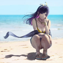 Rule 34 | 1girl, absurdres, bare shoulders, beach, bikini, blue sky, bow, bracelet, breasts, cleavage, diagonal bangs, earrings, gold necklace, hair bow, hand on own cheek, hand on own face, highres, idolmaster, idolmaster shiny colors, jewelry, long hair, looking at viewer, medium breasts, minyom, nail polish, necklace, outdoors, purple eyes, purple hair, sand, sash, shore, sky, slippers, squatting, swimsuit, tanaka mamimi, thighs, toenail polish, toenails, water, yellow bikini