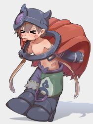 Rule 34 | &gt; &lt;, 1boy, :p, aq gohan, black footwear, boots, brown hair, cape, closed eyes, dark skin, facial mark, fake horns, hair between eyes, helmet, highres, horned helmet, horns, made in abyss, mechanical arms, navel, nipples, red cape, regu (made in abyss), short hair, simple background, tongue, tongue out, topless male, white background