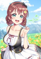 Rule 34 | 10s, 1girl, black hairband, black skirt, blue eyes, blue sky, blush, bow, braid, breasts, brown hair, character name, commentary, day, deadnooodles, emma verde, field, flower, flower field, frills, hair flower, hair ornament, hairband, highres, large breasts, long hair, looking at viewer, love live!, love live! nijigasaki high school idol club, mountain, open mouth, outdoors, ribbon trim, short sleeves, skirt, sky, smile, standing, symbol-only commentary, twin braids