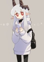 Rule 34 | 1girl, alternate costume, arknights, backpack, bag, black bag, black collar, black pantyhose, bright pupils, coffee cup, collar, commentary request, cowboy shot, cup, demon horns, disposable cup, grey background, highres, holding, holding cup, hood, hoodie, horns, long hair, mooootmt, mudrock (arknights), oversized clothes, pantyhose, parted lips, pointy ears, red eyes, signature, simple background, solo, white hair, white hoodie, white pupils