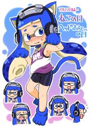 Rule 34 | 1girl, animal ear fluff, animal ears, animal hands, bike shorts, black shorts, blue eyes, blue gloves, blue hair, blue tail, breasts, cat day, cat ears, cat tail, closed mouth, expressions, fang, fang out, furrowed brow, gloves, hands up, headphone-chan (splatoon), headphones, highres, ikaheigen, inkling, inkling girl, inkling player character, kemonomimi mode, nintendo, outline, paw gloves, paw shoes, shorts, sideboob, single vertical stripe, splatoon (manga), splatoon (series), suction cups, tail, tail raised, tank top, tentacle hair, wavy mouth, white outline