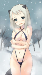 Rule 34 | 1girl, animal ears, artist request, bikini, black eyes, cat ears, cold, elma leivonen, long hair, slingshot swimsuit, snow, solo, strike witches, strike witches: suomus misfits squadron, swimsuit, tears, wavy mouth, white hair, winter, world witches series