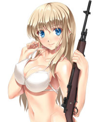 Rule 34 | 1girl, armpits, bare shoulders, battle rifle, bikini, blonde hair, blue eyes, blush, breasts, cleavage, collarbone, gun, hobenkei, holding, holding gun, holding weapon, large breasts, long hair, looking at viewer, m14, m14 (upotte!!), navel, personification, rifle, simple background, smile, solo, strap pull, swimsuit, upotte!!, weapon, white background, white bikini