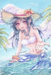 Rule 34 | 1girl, absurdres, bird, breasts, brown hat, collarbone, day, flower, hat, hat flower, highres, looking at viewer, mermaid, monster girl, navel, ocean, open mouth, original, outdoors, outstretched hand, painting (medium), palm tree, red eyes, red flower, seagull, small breasts, solo, straw hat, swimsuit, tpamjdsta (usatokurasu), traditional media, tree, watercolor (medium)