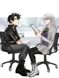 Rule 34 | 1boy, 1girl, asterixial, atlas academy school uniform, black footwear, black hair, black jacket, black pantyhose, blue eyes, boots, chair, coat, commentary, english commentary, fate/grand order, fate (series), fujimaru ritsuka (male), fujimaru ritsuka (male) (polar chaldea uniform), green necktie, grey pants, highres, indoors, jacket, lab coat, long hair, long sleeves, necktie, on chair, open clothes, open coat, original, pants, pantyhose, pleated skirt, profile, school uniform, short hair, sitting, skirt, white coat, white footwear, white hair, white skirt, yellow eyes