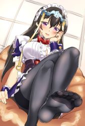 Rule 34 | 1girl, alternate costume, apron, bad id, bad pixiv id, black hair, black pantyhose, blush, dress, enmaided, fate (series), feet, foot focus, hair between eyes, hand on own cheek, hand on own face, maid, maid headdress, no shoes, open mouth, pantyhose, purple eyes, shirokuma a, sitting, smile, soles, solo, toes, wrist cuffs, xuangzang sanzang (fate)
