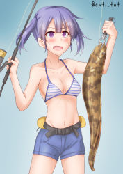 Rule 34 | 1girl, alternate breast size, anti (untea9), bikini, bikini top only, blue background, blue shorts, breasts, cleavage, commentary request, cowboy shot, denim, denim shorts, fish, fishing rod, gradient background, highres, kantai collection, medium breasts, one-hour drawing challenge, ooshio (kancolle), open mouth, purple eyes, purple hair, shorts, solo, standing, striped bikini, striped clothes, swimsuit, twintails, twitter username