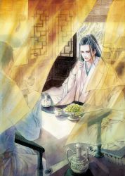 Rule 34 | 2boys, architecture, black hair, braid, chinese clothes, cup, curtains, east asian architecture, elbows on table, hand fan, food, grey eyes, hanfu, highres, indoors, lan wen xuan, male focus, multiple boys, paper fan, scroll, sitting, table, wide sleeves, window