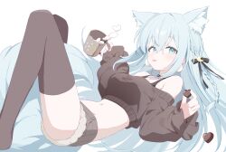Rule 34 | 1girl, absurdres, animal ears, aqua eyes, bare shoulders, between legs, black thighhighs, blue hair, crop top, cup, fox ears, fox tail, hair between eyes, highres, holding, holding cup, long hair, lying, midriff, navel, off-shoulder sweater, off shoulder, original, short shorts, shorts, simple background, solo, sweater, tail, tail between legs, thighhighs, tongue, tongue out, urotsuki (2013.04), very long hair, virtual youtuber, white background