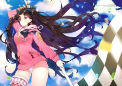 Rule 34 | 1girl, absurdres, arm up, ayamy, black hair, blue sky, blurry, blush, bow, checkered flag, closed mouth, cloud, cloudy sky, confetti, contrapposto, cowboy shot, crown, day, depth of field, earrings, fate/grand order, fate (series), flag, floating hair, fur-trimmed hood, fur-trimmed legwear, fur trim, hair bow, highleg, highleg swimsuit, highres, holding, holding flag, hood, hoodie, hoop earrings, huge filesize, ishtar (fate), ishtar (swimsuit rider) (fate), jewelry, lens flare, long hair, looking at viewer, motion blur, one-piece swimsuit, outdoors, pink thighhighs, red eyes, scan, simple background, single thighhigh, sky, smile, solo, sparkle, standing, swimsuit, swimsuit under clothes, thigh strap, thighhighs, thighs, two side up, very long hair, white one-piece swimsuit