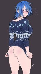 Rule 34 | 1girl, aqua (kingdom hearts), ass, blue eyes, blue hair, blush, bottomless, breasts, christmas, christmas sweater, embarrassed, from behind, highres, kingdom hearts, kingdom hearts birth by sleep, kingdom hearts iii, large breasts, looking at viewer, looking back, short hair, solo, standing, sweater, tabletorgy