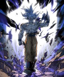 Rule 34 | 1boy, aura, bakarott, battle damage, boots, clenched hand, closed mouth, dragon ball, dragon ball super, full body, highres, holding, male focus, rock, sash, serious, solo, son goku, topless male, torn clothes, ultra instinct, walking, white hair, white theme, wristband
