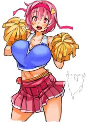 Rule 34 | 1girl, aged up, bare shoulders, blush, breasts, cheerleader, cleavage, hair intakes, hairband, heart, heart-shaped pupils, huge breasts, komeiji satori, midriff, navel, open mouth, perky breasts, pink eyes, pink hair, pink skirt, pleated skirt, pom pom (cheerleading), sachito, short hair, simple background, skirt, sleeveless, solo, standing, symbol-shaped pupils, third eye, touhou, white background
