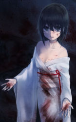 Rule 34 | 1girl, bare shoulders, black eyes, black hair, blood, blood on clothes, blood on face, blood on hands, breasts, breasts apart, commentary request, crying, crying with eyes open, fatal frame, fatal frame 2, hair between eyes, highres, japanese clothes, kimono, kurosawa sae, long sleeves, looking at viewer, obi, off shoulder, open mouth, outstretched arms, sash, short hair, small breasts, solo, tare nu (usesase), tears, teeth, white kimono, wide sleeves