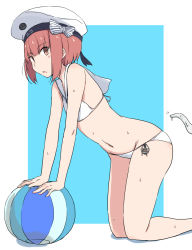 Rule 34 | 1girl, all fours, anchor, ball, beachball, bikini, blue background, brown eyes, brown hair, clothes writing, enemy naval mine (kancolle), flat chest, hat, kantai collection, kugui kiyunemu, lowleg, lowleg bikini, sailor bikini, sailor collar, sailor hat, short hair, solo, sweat, swimsuit, tentacles, two-tone background, white bikini, white hat, z3 max schultz (kancolle)