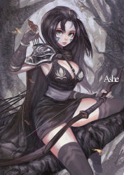 Rule 34 | 1girl, ashe (league of legends), black hair, boots, breasts, canking, cape, cleavage, dress, green eyes, large breasts, league of legends, long hair, smile, solo, tattoo, thighhighs, tree, woad ashe