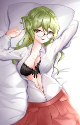 Rule 34 | 1girl, absurdres, armpits, arms up, black bra, black panties, blush, bow, bow bra, bra, braid, breasts, cleavage, collared shirt, cowboy shot, earrings, fang, green eyes, green hair, highres, honkai (series), honkai impact 3rd, jewelry, lace, lace-trimmed bra, lace trim, long hair, long sleeves, looking at viewer, lying, medium breasts, midriff, mobius (honkai impact), mole, mole on breast, naughty face, navel, on back, on bed, open clothes, open shirt, panties, penguin uwu, pleated skirt, red skirt, school uniform, shirt, shirt tucked in, skirt, slit pupils, smile, solo, underwear, white shirt