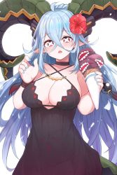 Rule 34 | 1girl, ahoge, black choker, black dress, black wristband, blue nails, blush, bottomless, braid, breasts, choker, cleavage, collarbone, colored tips, covered navel, cowboy shot, crossed bangs, curled horns, dress, fangs, fate (series), flower, hair between eyes, hair flower, hair ornament, hairball, highres, holding, horns, ice cream cone, large breasts, long hair, long horns, looking at viewer, mou tama maru, multicolored hair, nail polish, open mouth, pink eyes, pointy ears, pubic tattoo, red hair, see-through, see-through dress, shiny skin, sidelocks, simple background, solo, sparkle, stomach tattoo, symbol-shaped pupils, tail, tattoo, tiamat (fate), twin braids, white background, wristband, x-shaped pupils